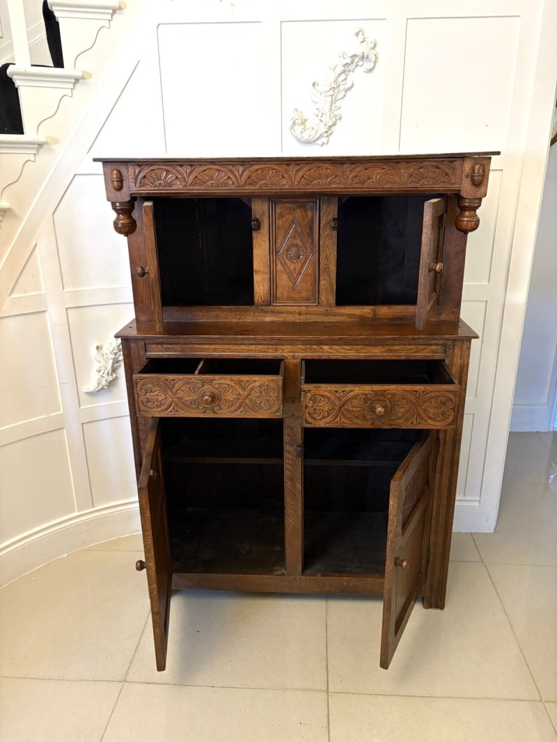 Quality Antique Carved Oak Court Cupboard with Ipswich Carving